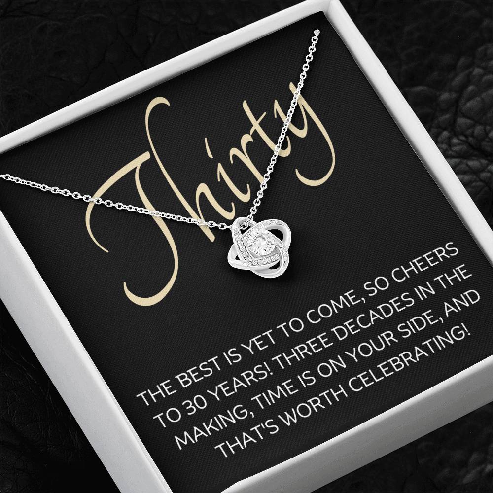 30th Birthday, Beautiful Love Knot 14k or 18k finish Necklace. Features a beautiful pendant embellished with premium cubic zirconia crystals and heartfelt message card.