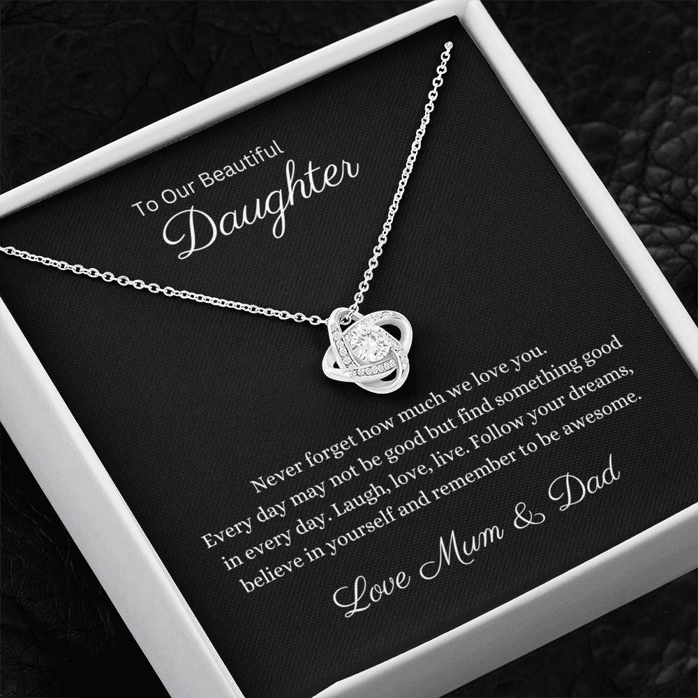 14k or 18k Finish Daughter Love Knot Pendant Necklace with Cubic Zirconia Stones