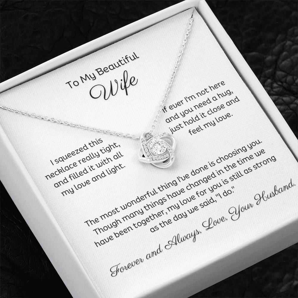 14k white gold or 18k yellow gold finish wife love knot pendant necklace with cubic zirconia crystals, including personalised message