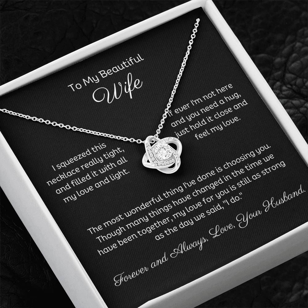 14k white gold or 18k yellow gold finish wife love knot pendant necklace with cubic zirconia crystals, including personalised message