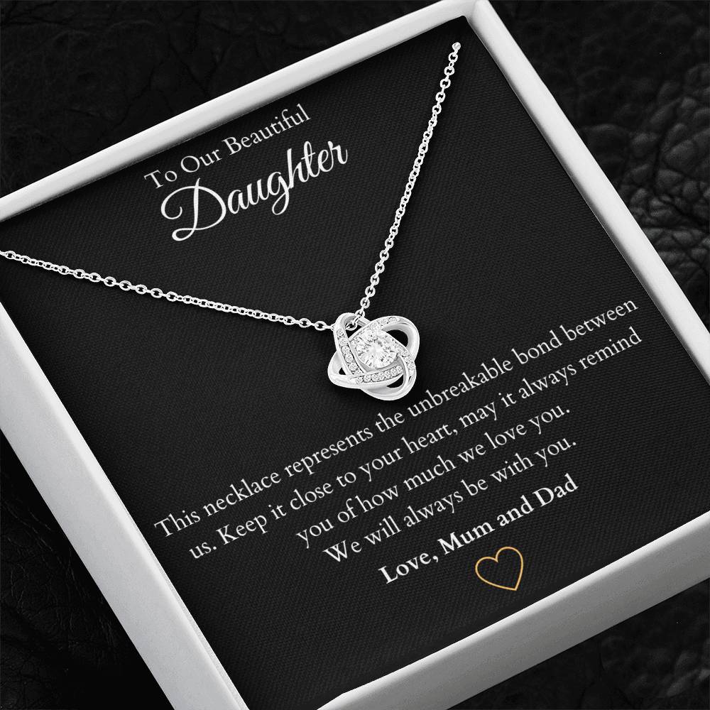 14k white gold or 18k yellow gold finish wife love knot pendant necklace with cubic zirconia crystals, including personalised message