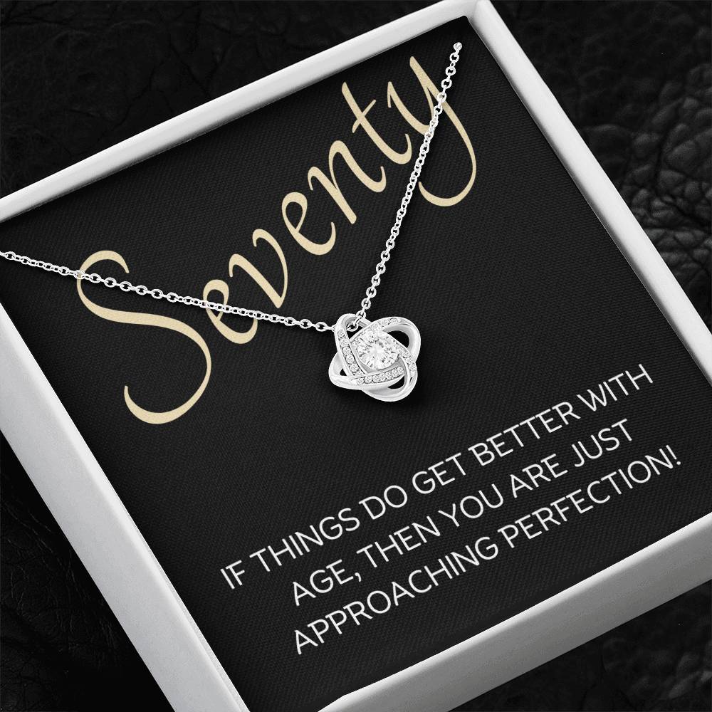 70th Birthday, Beautiful Love Knot 14k or 18k finish Necklace. Features a beautiful pendant embellished with premium cubic zirconia crystals and heartfelt message card.