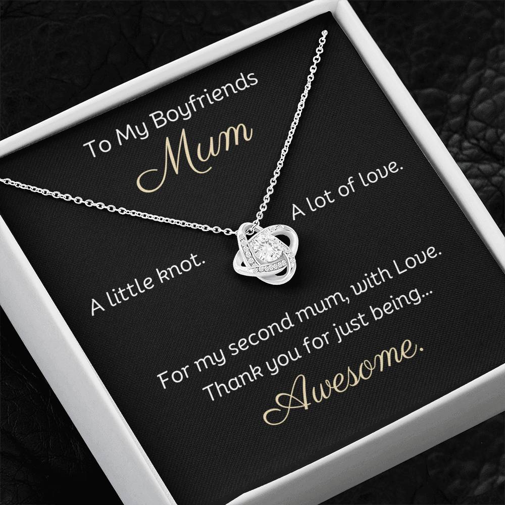 To My Boyfriends Mum Beautiful Love Knot 14k or 18k finish Necklace. Features a beautiful pendant embellished with premium cubic zirconia crystals and heartfelt message card.