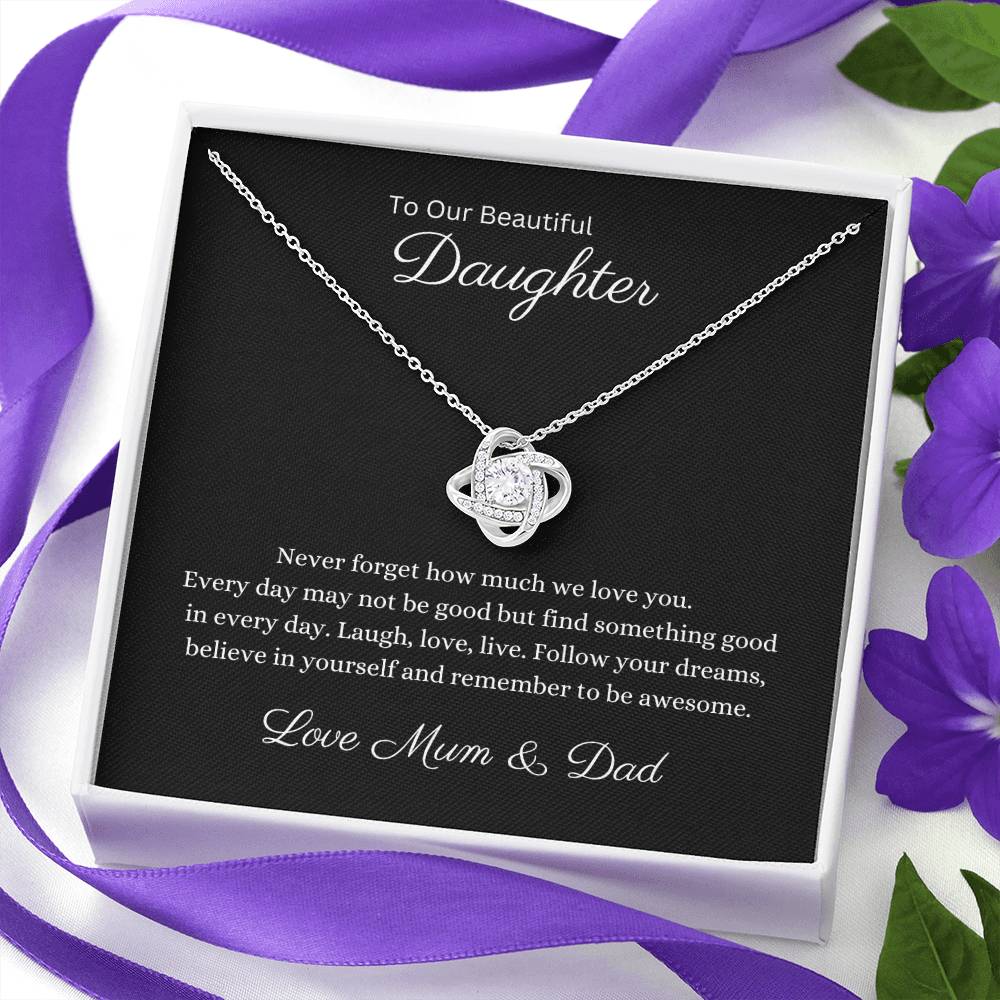 14k or 18k Finish Daughter Love Knot Pendant Necklace with Cubic Zirconia Stones