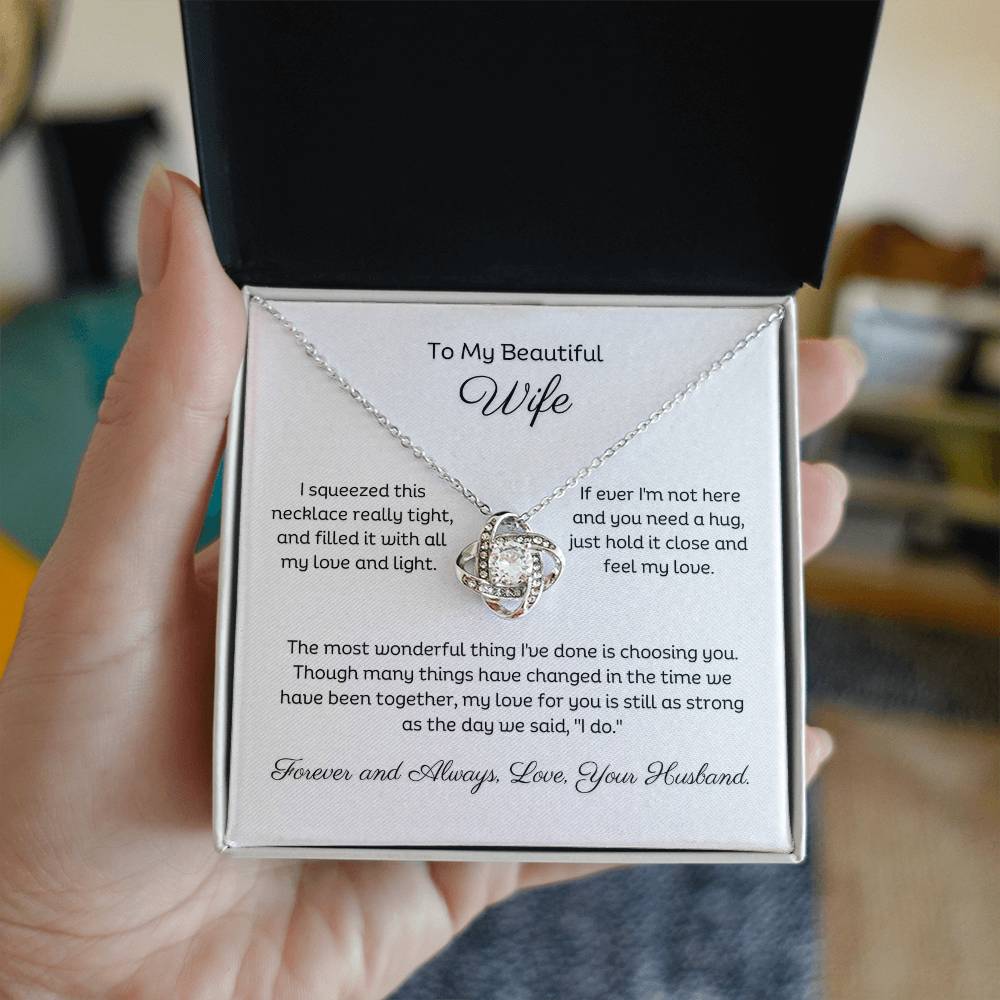 14k white gold or 18k yellow gold finish wife love knot pendant necklace with cubic zirconia crystals, including personalised message