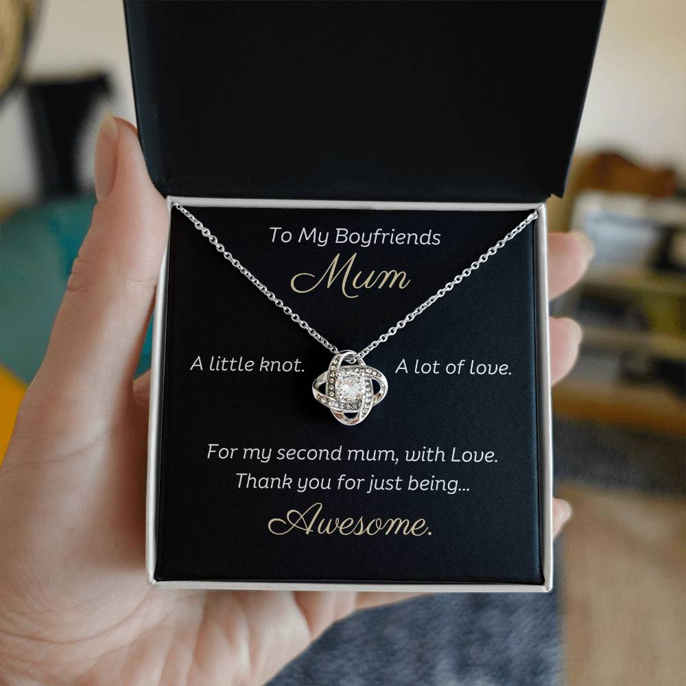 To My Boyfriends Mum Beautiful Love Knot 14k or 18k finish Necklace. Features a beautiful pendant embellished with premium cubic zirconia crystals and heartfelt message card.