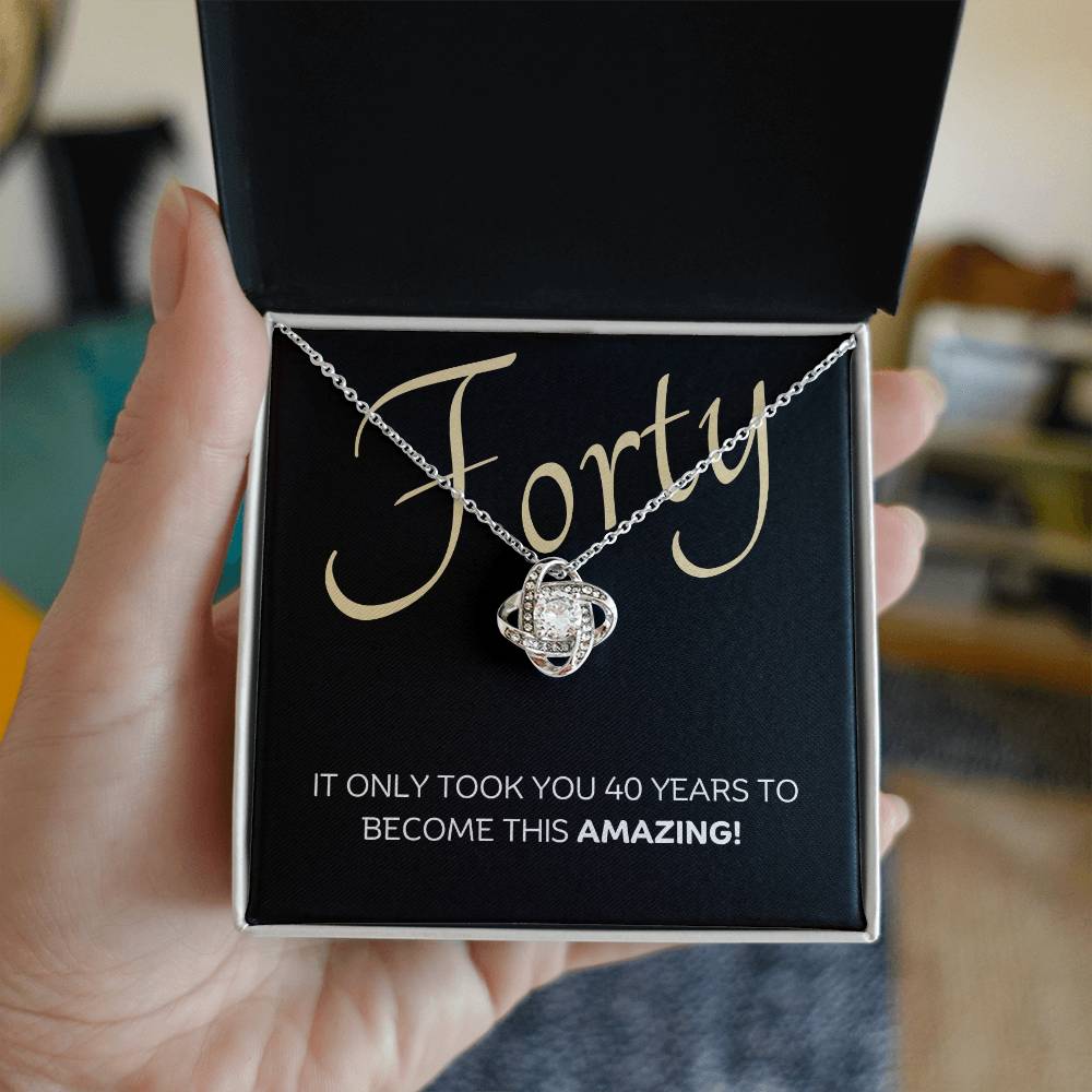 40th Birthday, Beautiful Love Knot 14k or 18k finish Necklace. Features a beautiful pendant embellished with premium cubic zirconia crystals and heartfelt message card.