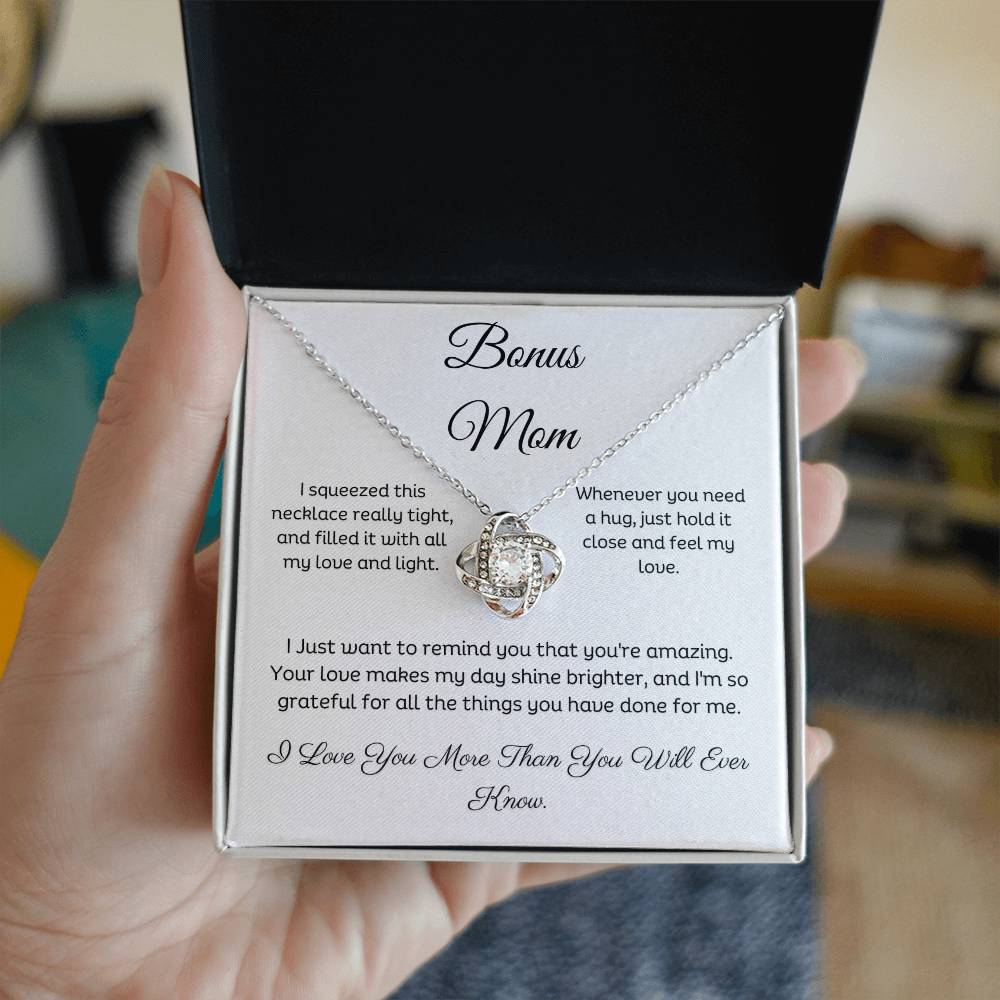 Bonus Mom, Beautiful Love Knot 14k or 18k finish Necklace. Features a beautiful pendant embellished with premium cubic zirconia crystals and heartfelt message card.