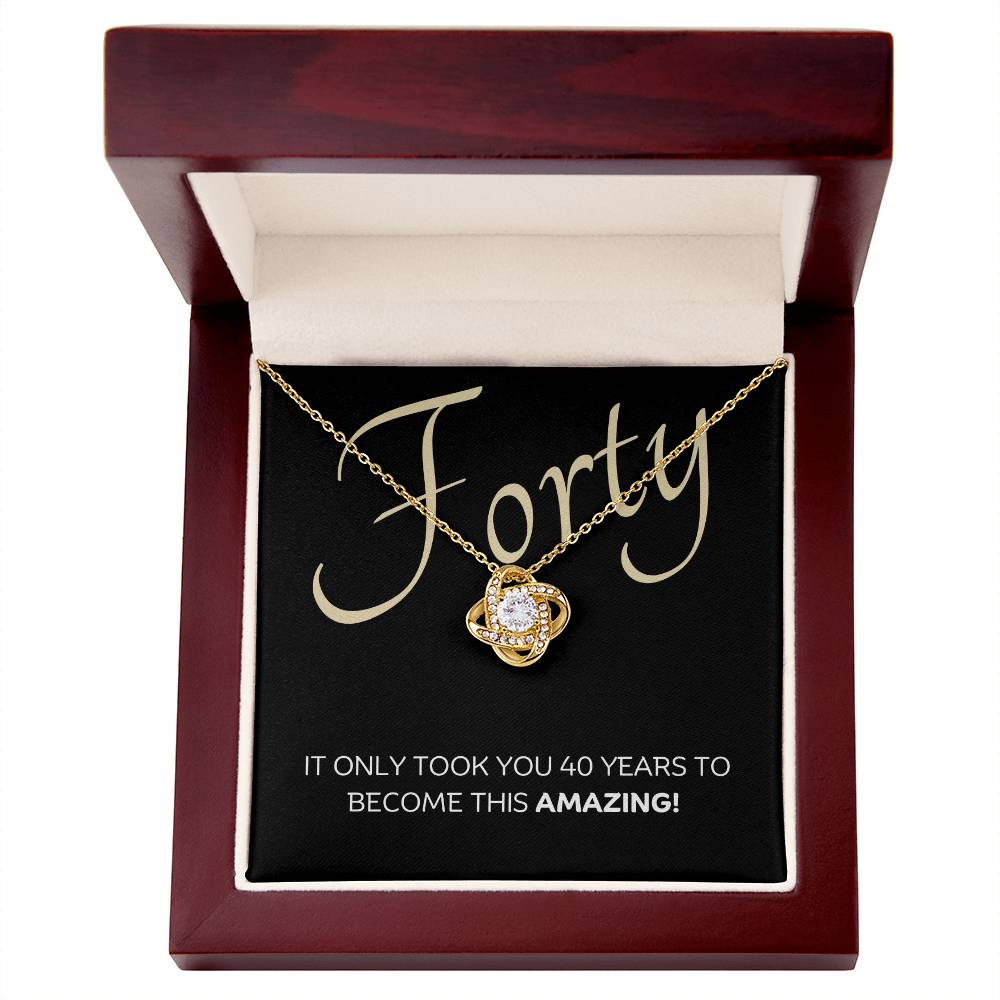 40th Birthday, Beautiful Love Knot 14k or 18k finish Necklace. Features a beautiful pendant embellished with premium cubic zirconia crystals and heartfelt message card.