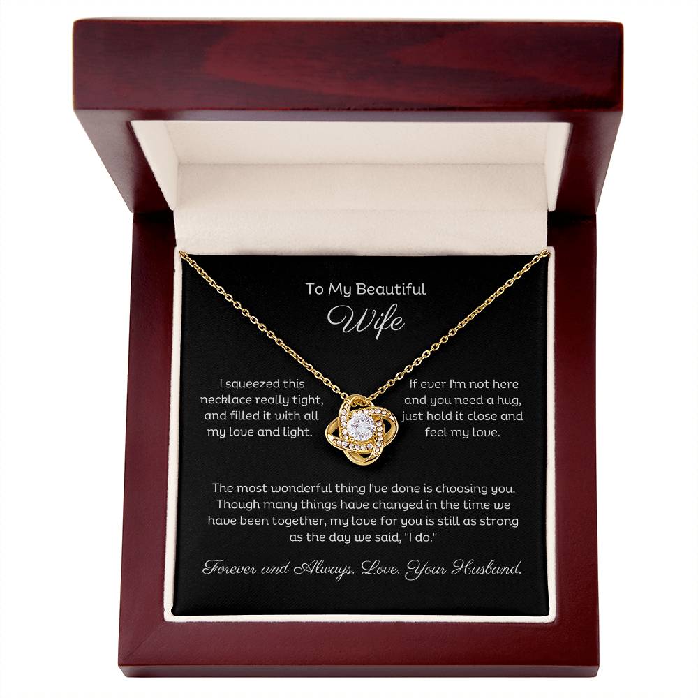 14k white gold or 18k yellow gold finish wife love knot pendant necklace with cubic zirconia crystals, including personalised message