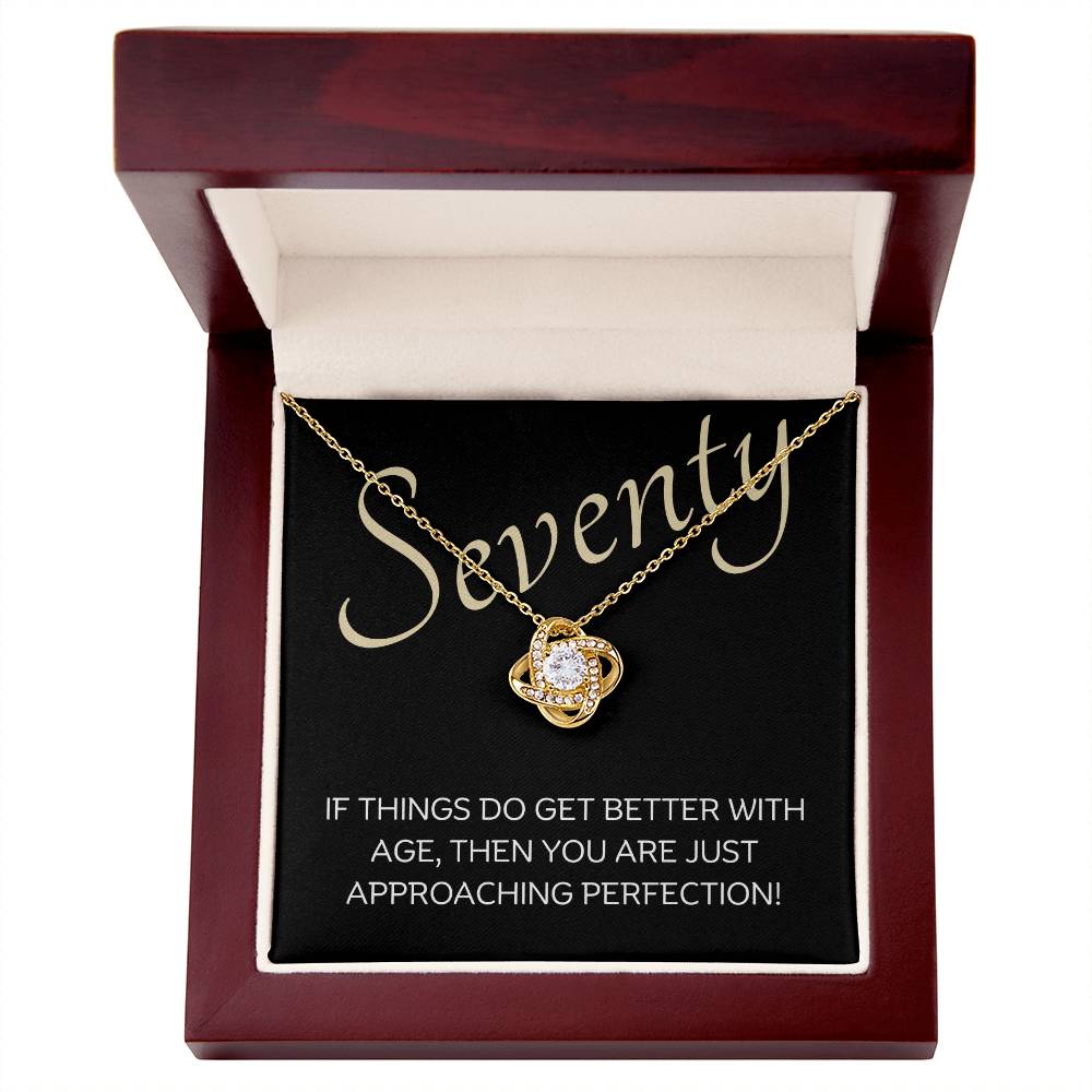 70th Birthday, Beautiful Love Knot 14k or 18k finish Necklace. Features a beautiful pendant embellished with premium cubic zirconia crystals and heartfelt message card.