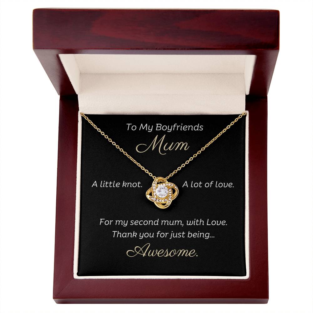 To My Boyfriends Mum Beautiful Love Knot 14k or 18k finish Necklace. Features a beautiful pendant embellished with premium cubic zirconia crystals and heartfelt message card.