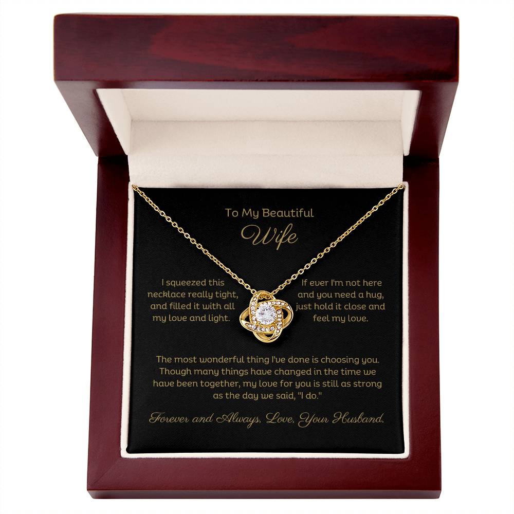 14k white gold or 18k yellow gold finish wife love knot pendant necklace with cubic zirconia crystals, including personalised message