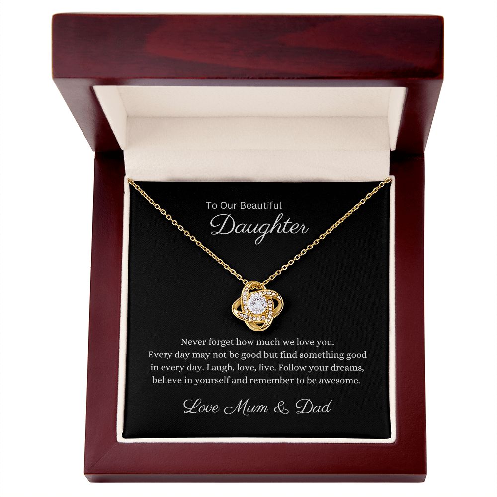 To Our Beautiful Daughter Gold Love Knot Necklace with Cubic Zirconia Stones