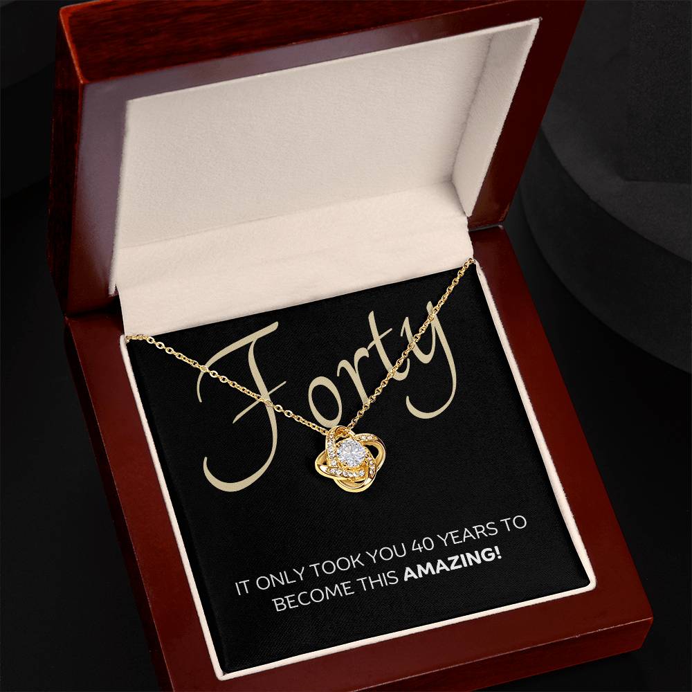 40th Birthday, Beautiful Love Knot 14k or 18k finish Necklace. Features a beautiful pendant embellished with premium cubic zirconia crystals and heartfelt message card.