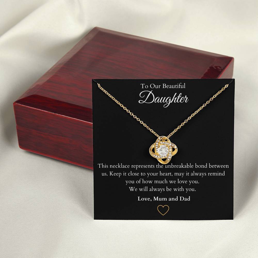 14k white gold or 18k yellow gold finish wife love knot pendant necklace with cubic zirconia crystals, including personalised message