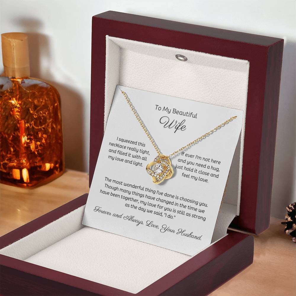 14k white gold or 18k yellow gold finish wife love knot pendant necklace with cubic zirconia crystals, including personalised message