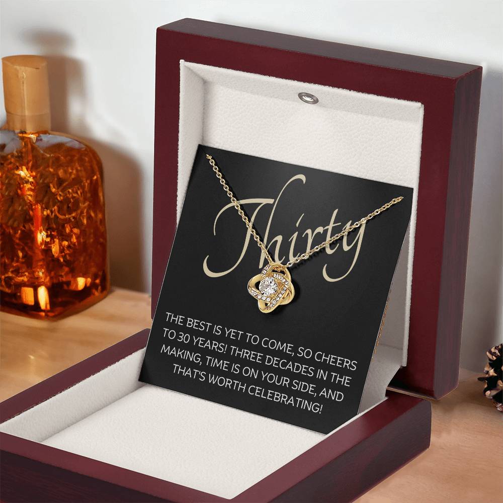 30th Birthday, Beautiful Love Knot 14k or 18k finish Necklace. Features a beautiful pendant embellished with premium cubic zirconia crystals and heartfelt message card.