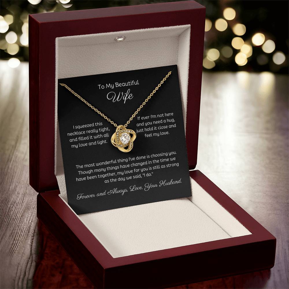 14k white gold or 18k yellow gold finish wife love knot pendant necklace with cubic zirconia crystals, including personalised message