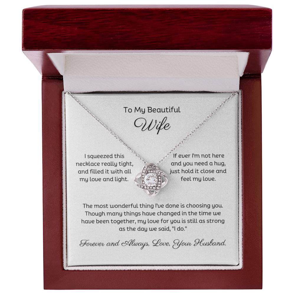 14k white gold or 18k yellow gold finish wife love knot pendant necklace with cubic zirconia crystals, including personalised message