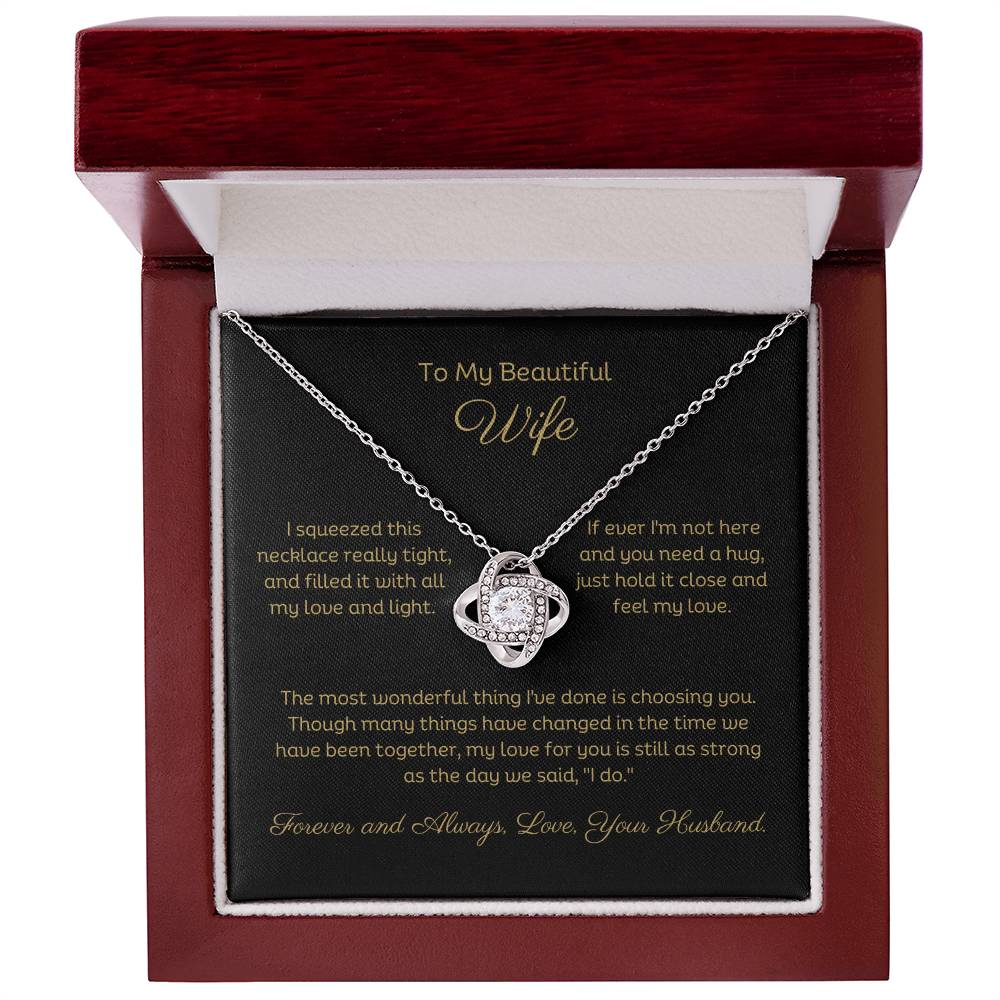 14k white gold or 18k yellow gold finish wife love knot pendant necklace with cubic zirconia crystals, including personalised message