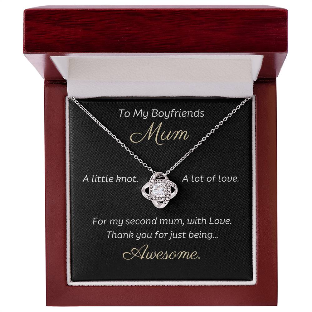 To My Boyfriends Mum Beautiful Love Knot 14k or 18k finish Necklace. Features a beautiful pendant embellished with premium cubic zirconia crystals and heartfelt message card.