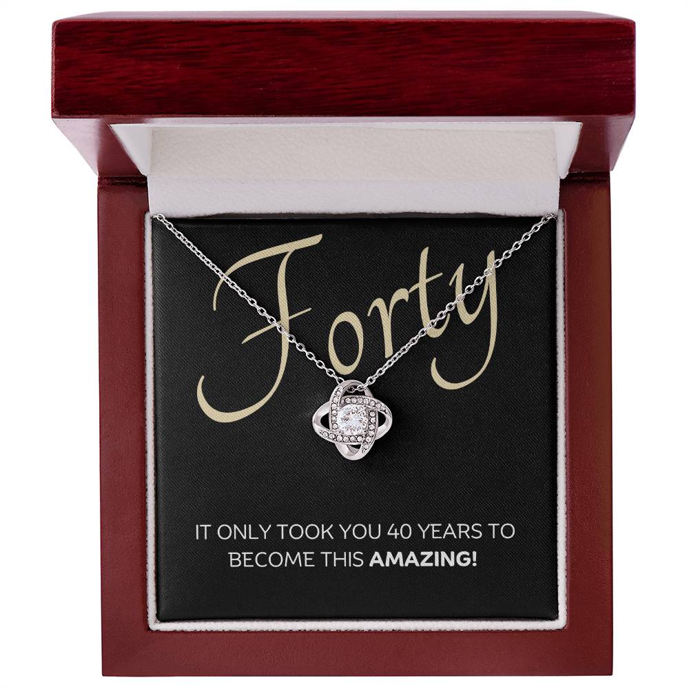 40th Birthday, Beautiful Love Knot 14k or 18k finish Necklace. Features a beautiful pendant embellished with premium cubic zirconia crystals and heartfelt message card.