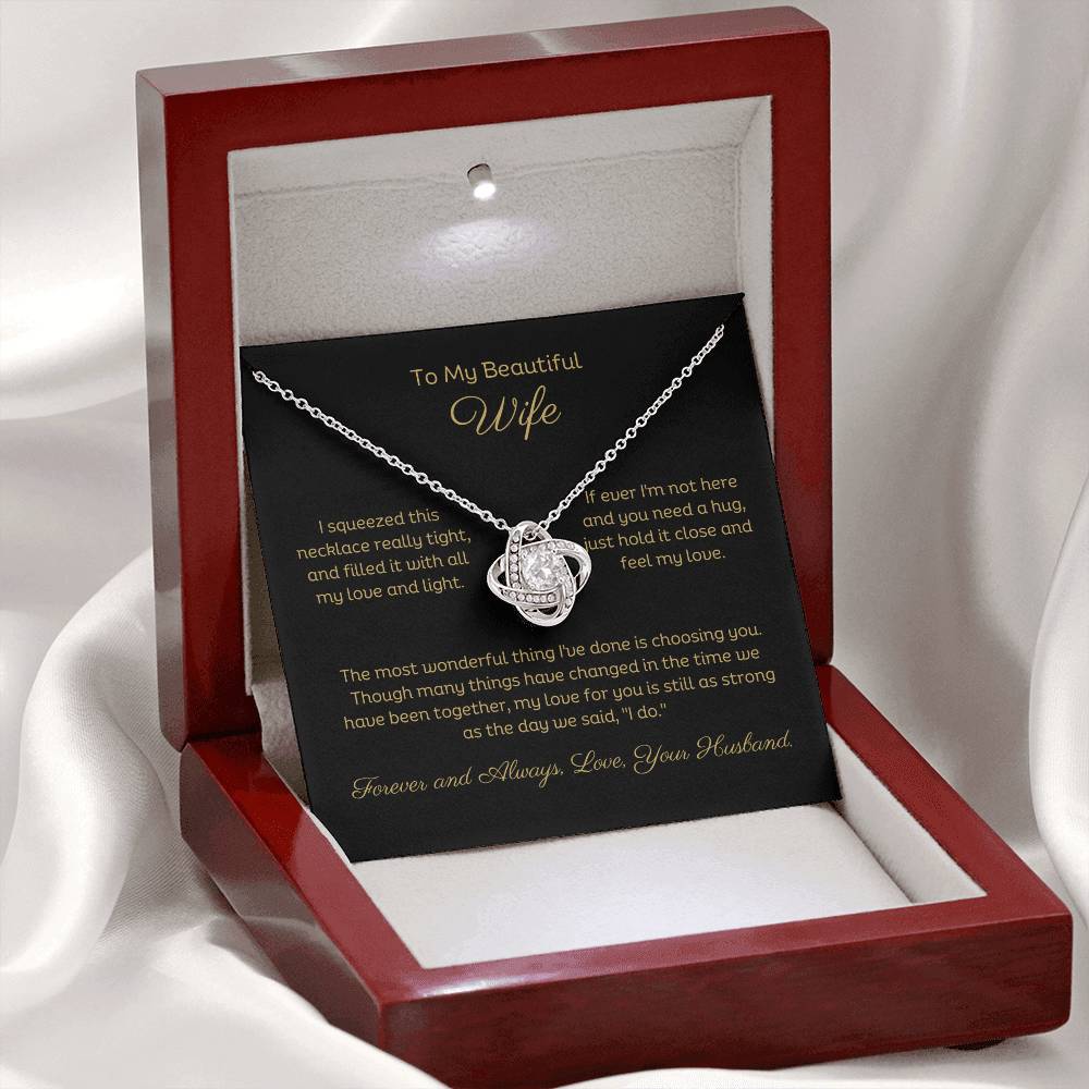 14k white gold or 18k yellow gold finish wife love knot pendant necklace with cubic zirconia crystals, including personalised message