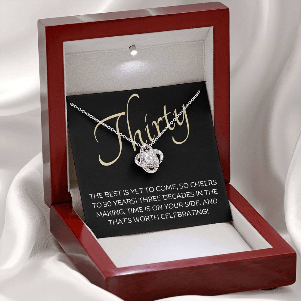 30th Birthday, Beautiful Love Knot 14k or 18k finish Necklace. Features a beautiful pendant embellished with premium cubic zirconia crystals and heartfelt message card.