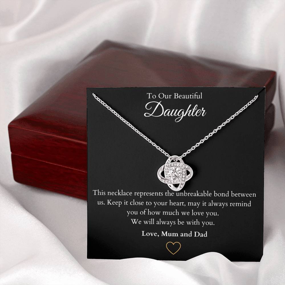 14k white gold or 18k yellow gold finish wife love knot pendant necklace with cubic zirconia crystals, including personalised message