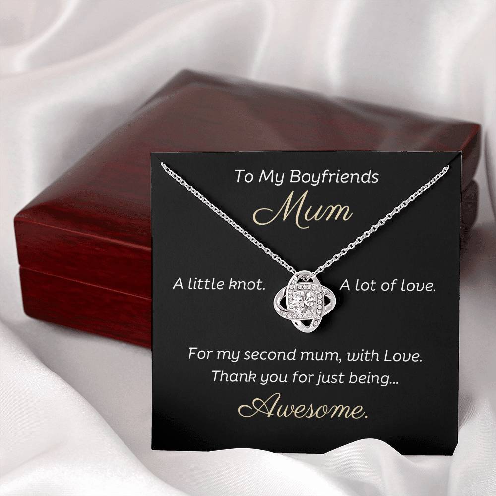 To My Boyfriends Mum Beautiful Love Knot 14k or 18k finish Necklace. Features a beautiful pendant embellished with premium cubic zirconia crystals and heartfelt message card.