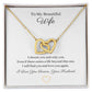 Two lovely interlocking heart pendants embellished with CZ crystals. High quality polished surgical steel and rose gold finish or 18k yellow gold finish necklace.