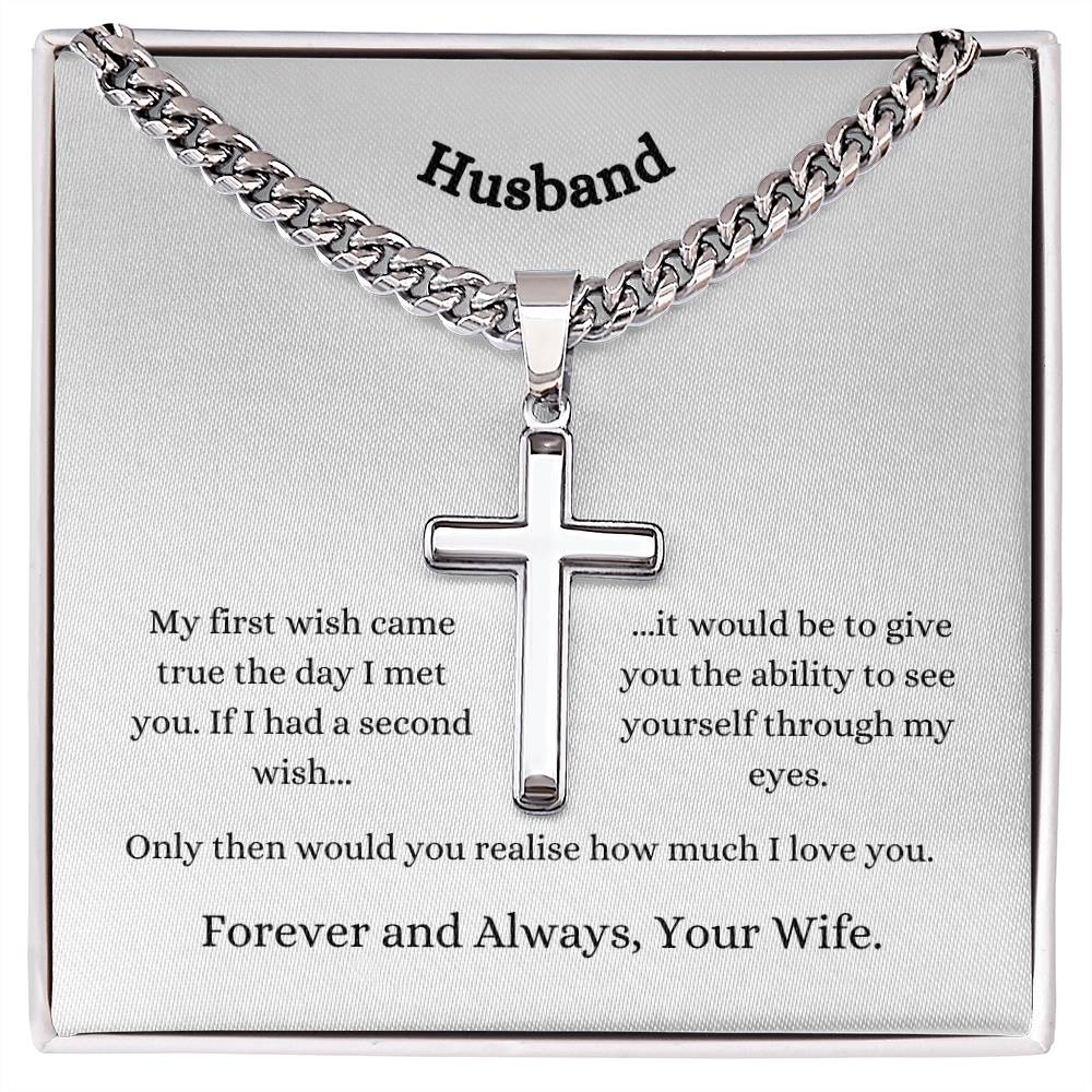 Personalised Husband Stainless Steel Cross Necklace On Cuban Chain