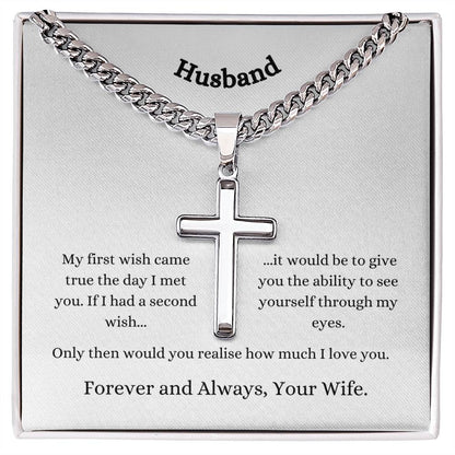 Personalised Husband Stainless Steel Cross Necklace On Cuban Chain