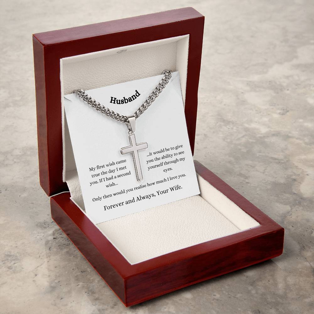 Personalised Husband Stainless Steel Cross Necklace On Cuban Chain