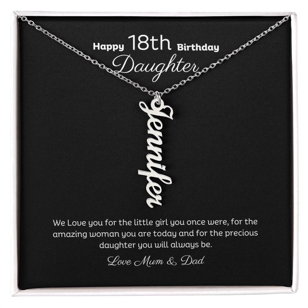 18th Birthday Personalised Vertical Name Necklace Stainless or 18k Gold finish and message card