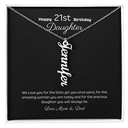 21st Birthday Personalised Vertical Name Necklace Stainless or 18k Gold finish and message card