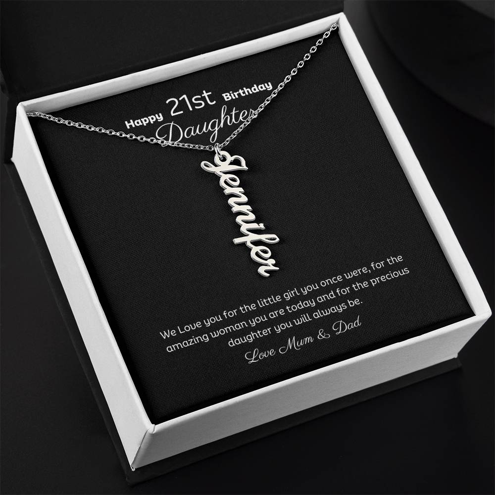 21st Birthday Personalised Vertical Name Necklace Stainless or 18k Gold finish and message card