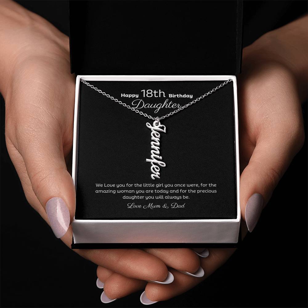 18th Birthday Personalised Vertical Name Necklace Stainless or 18k Gold finish and message card