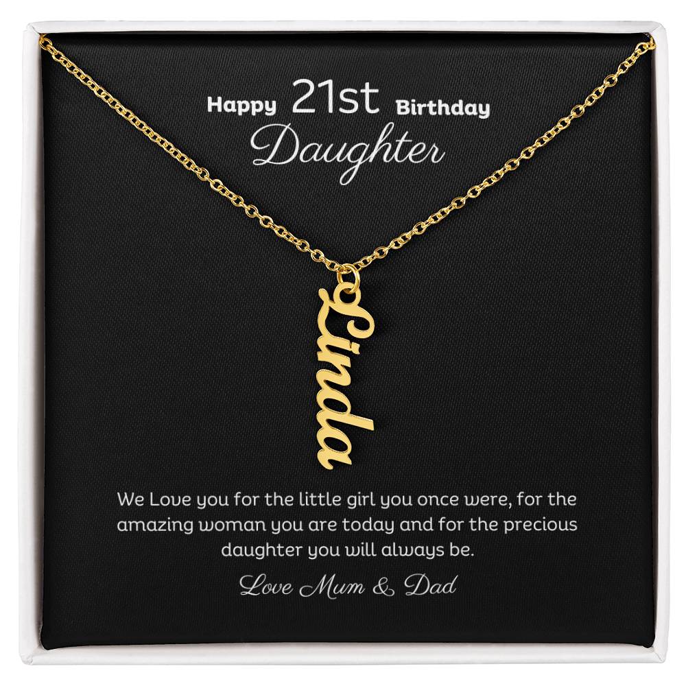 21st Birthday Personalised Vertical Name Necklace Stainless or 18k Gold finish and message card