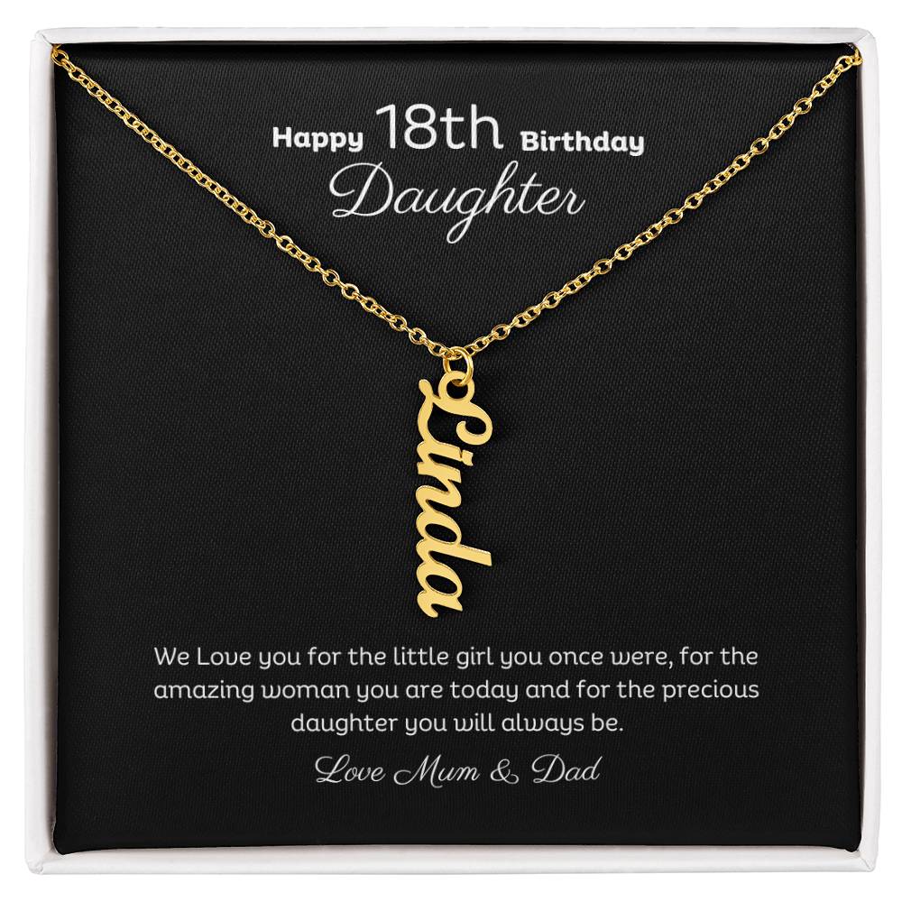 18th Birthday Personalised Vertical Name Necklace Stainless or 18k Gold finish and message card