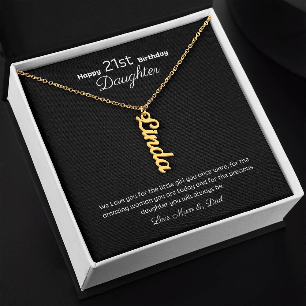 21st Birthday Personalised Vertical Name Necklace Stainless or 18k Gold finish and message card