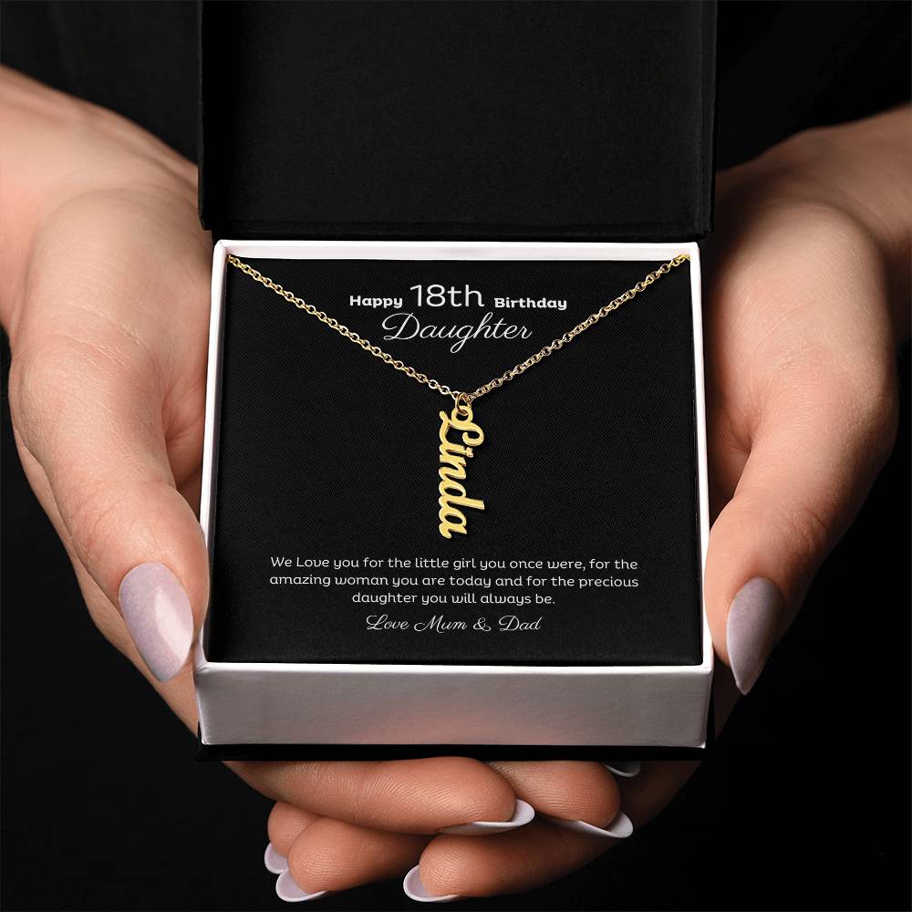 18th Birthday Personalised Vertical Name Necklace Stainless or 18k Gold finish and message card