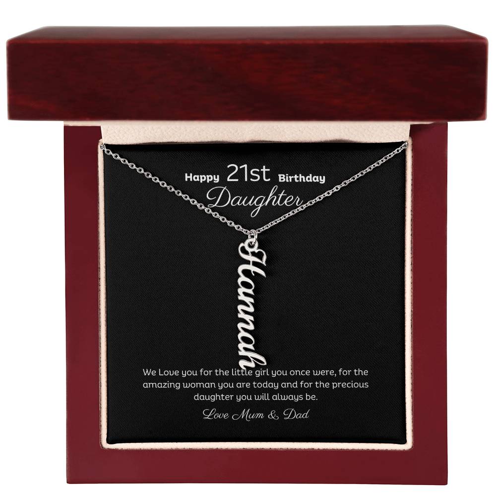 21st Birthday Personalised Vertical Name Necklace Stainless or 18k Gold finish and message card