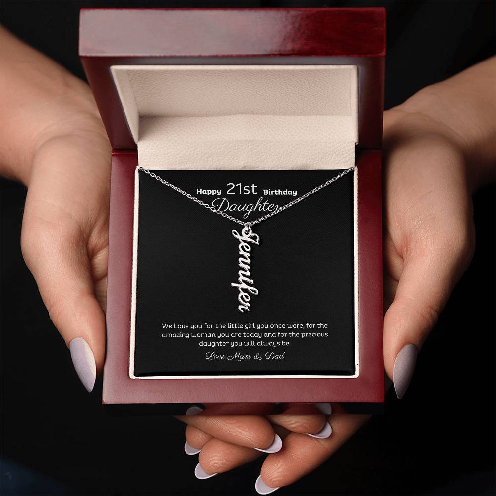 21st Birthday Personalised Vertical Name Necklace Stainless or 18k Gold finish and message card