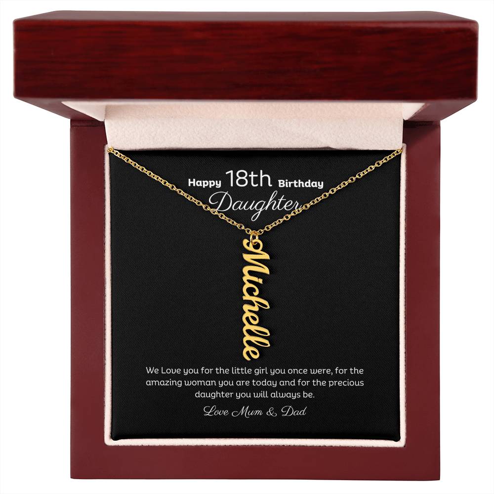 18th Birthday Personalised Vertical Name Necklace Stainless or 18k Gold finish and message card