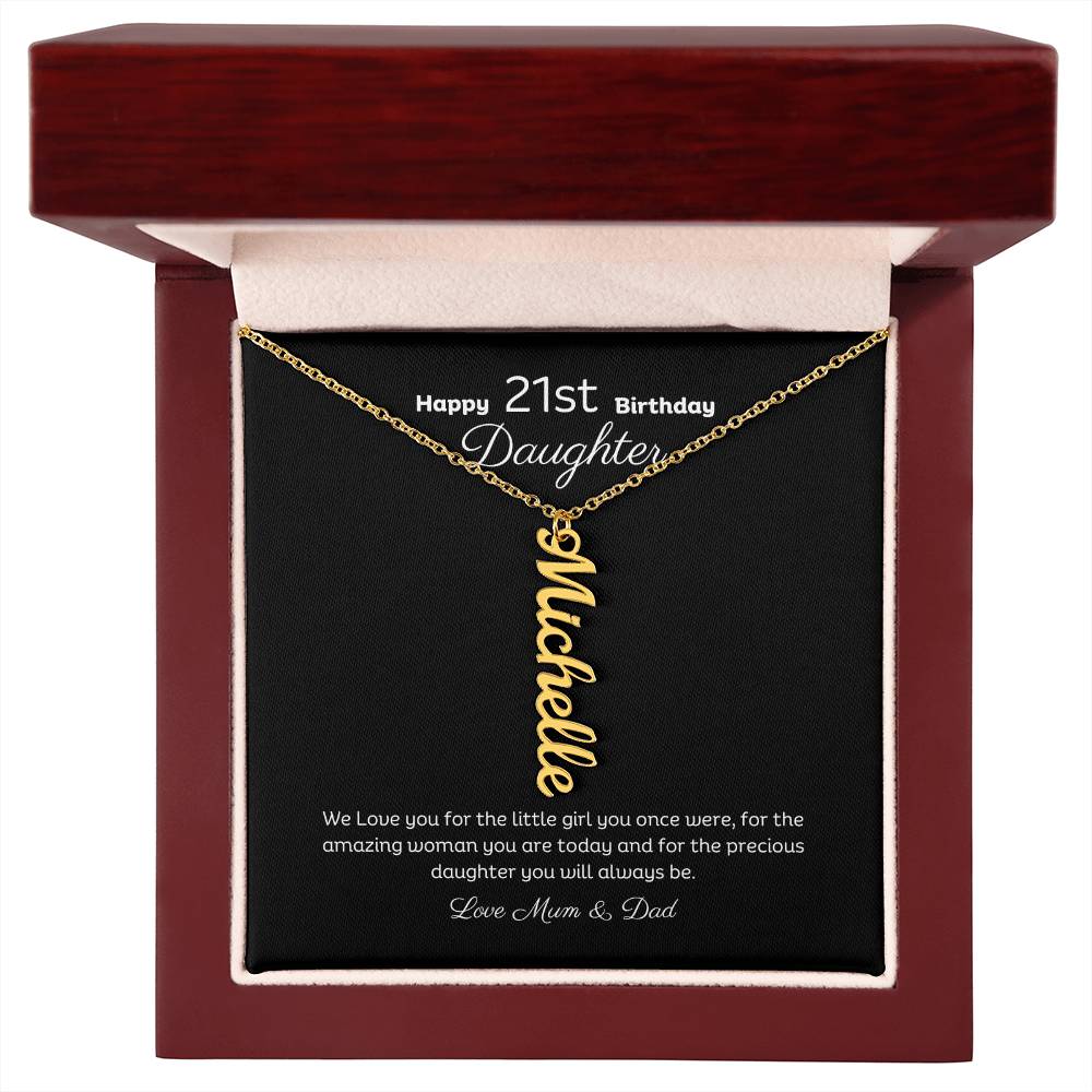 21st Birthday Personalised Vertical Name Necklace Stainless or 18k Gold finish and message card