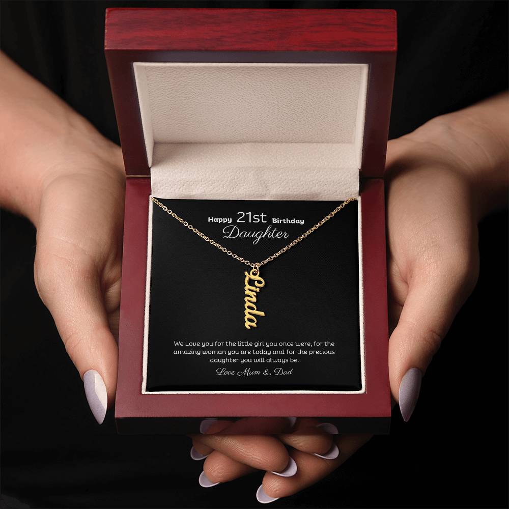 21st Birthday Personalised Vertical Name Necklace Stainless or 18k Gold finish and message card