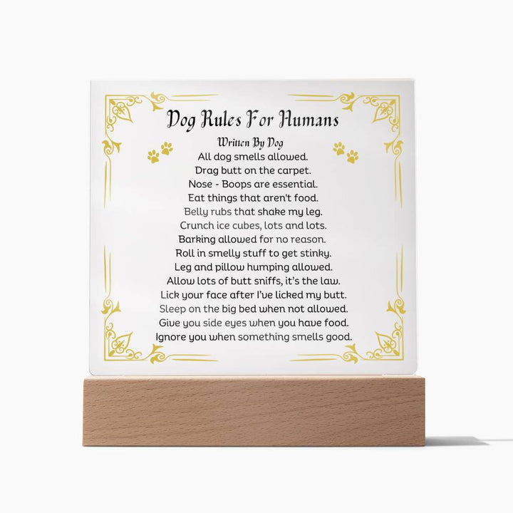 Dog Rules For Humans Printed Paw Print Shape Clear Acrylic Plaque With Dogs Rules Printed message With LED Option.