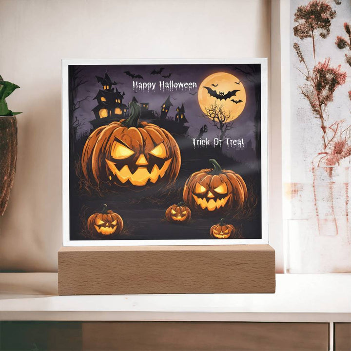 Halloween Pumpkin Square Acrylic Plaque With Night Light LED Option